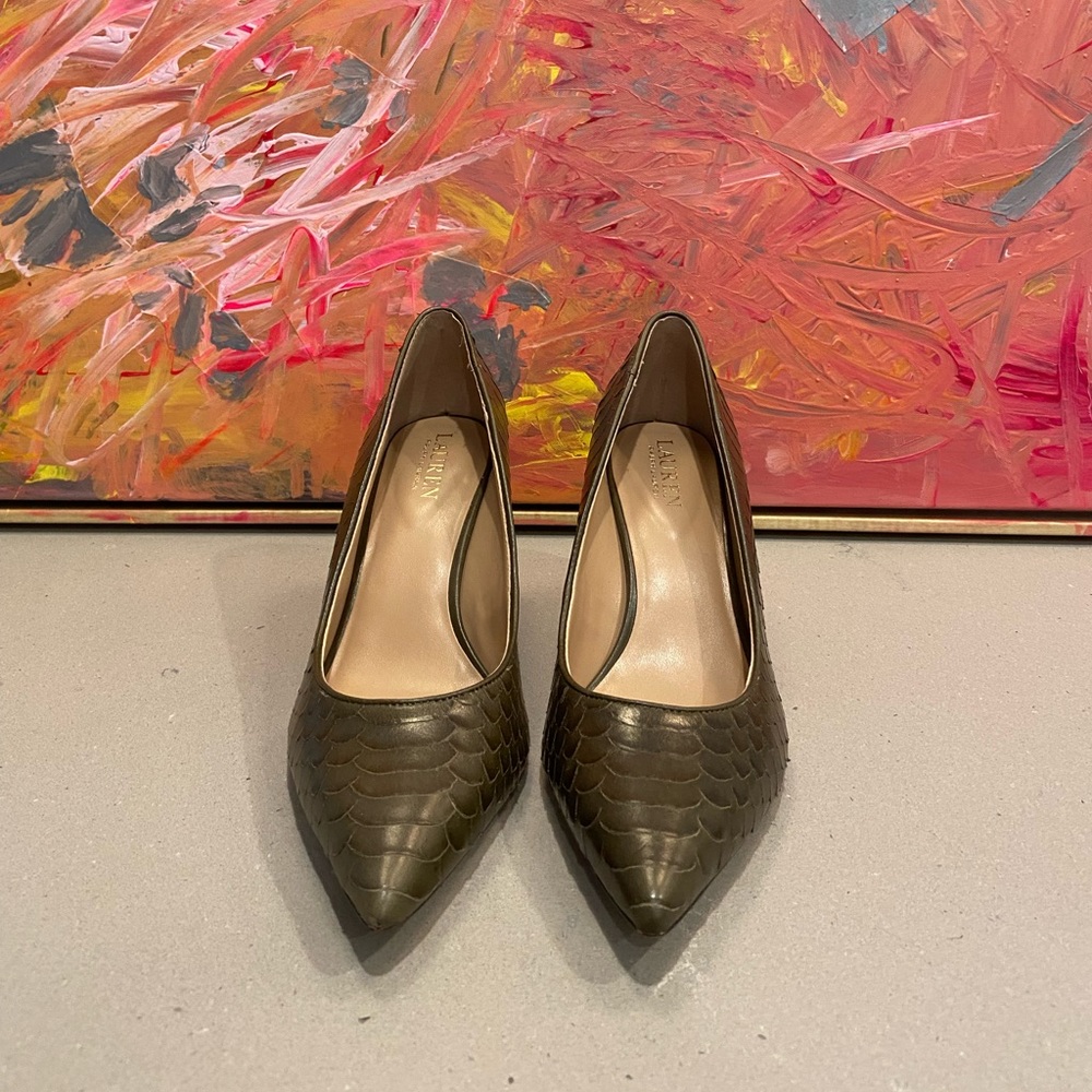 Ralph Lauren Sage Snake Skin Heels